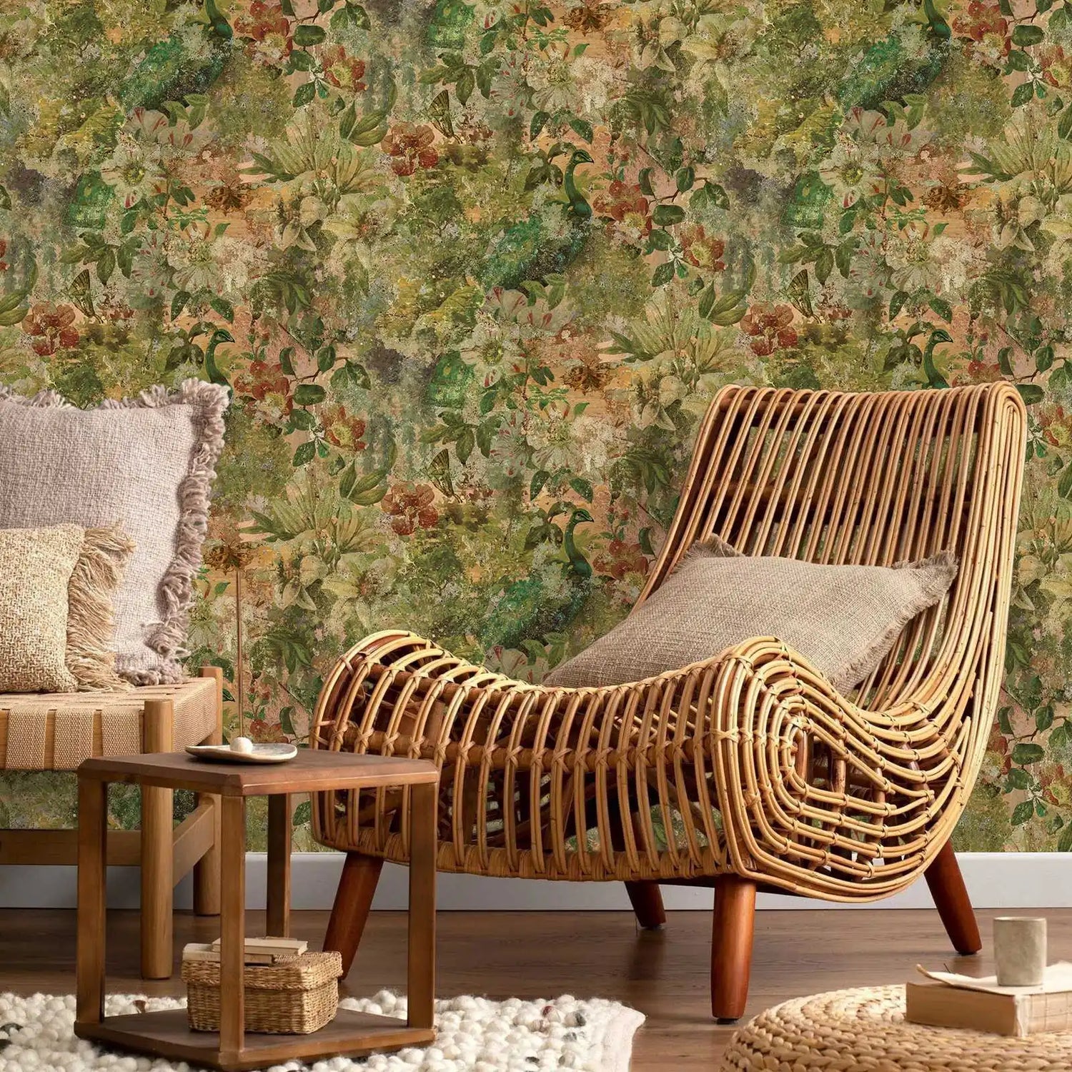 Wicker chair with cushions in a room with floral wallpaper