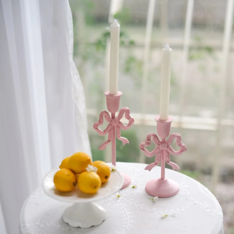 Pink Bow Knot Iron Candlestick Holder