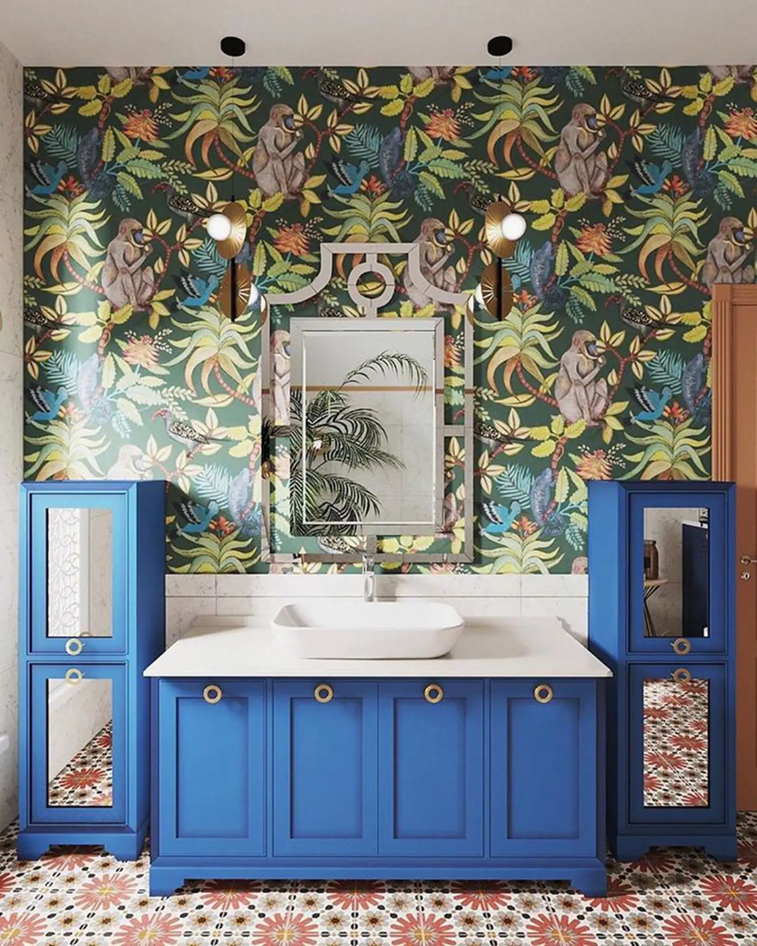 Bathroom with blue vanity, white sink, and colorful wallpaper