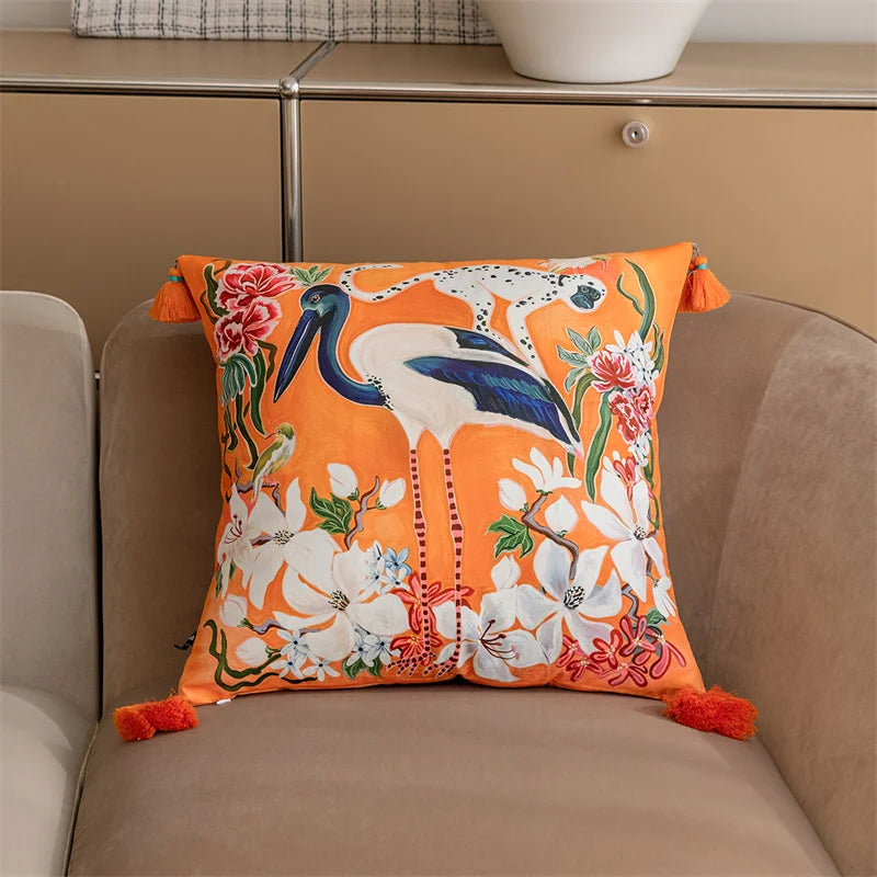 Exotic Avian & Floral Cushion Cover with Tassels