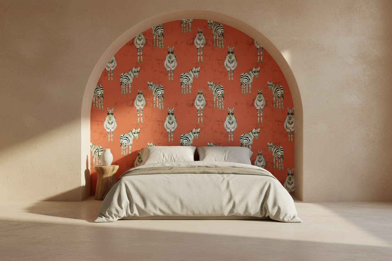 Bedroom with a red wall featuring zebra pattern and beige bed.
