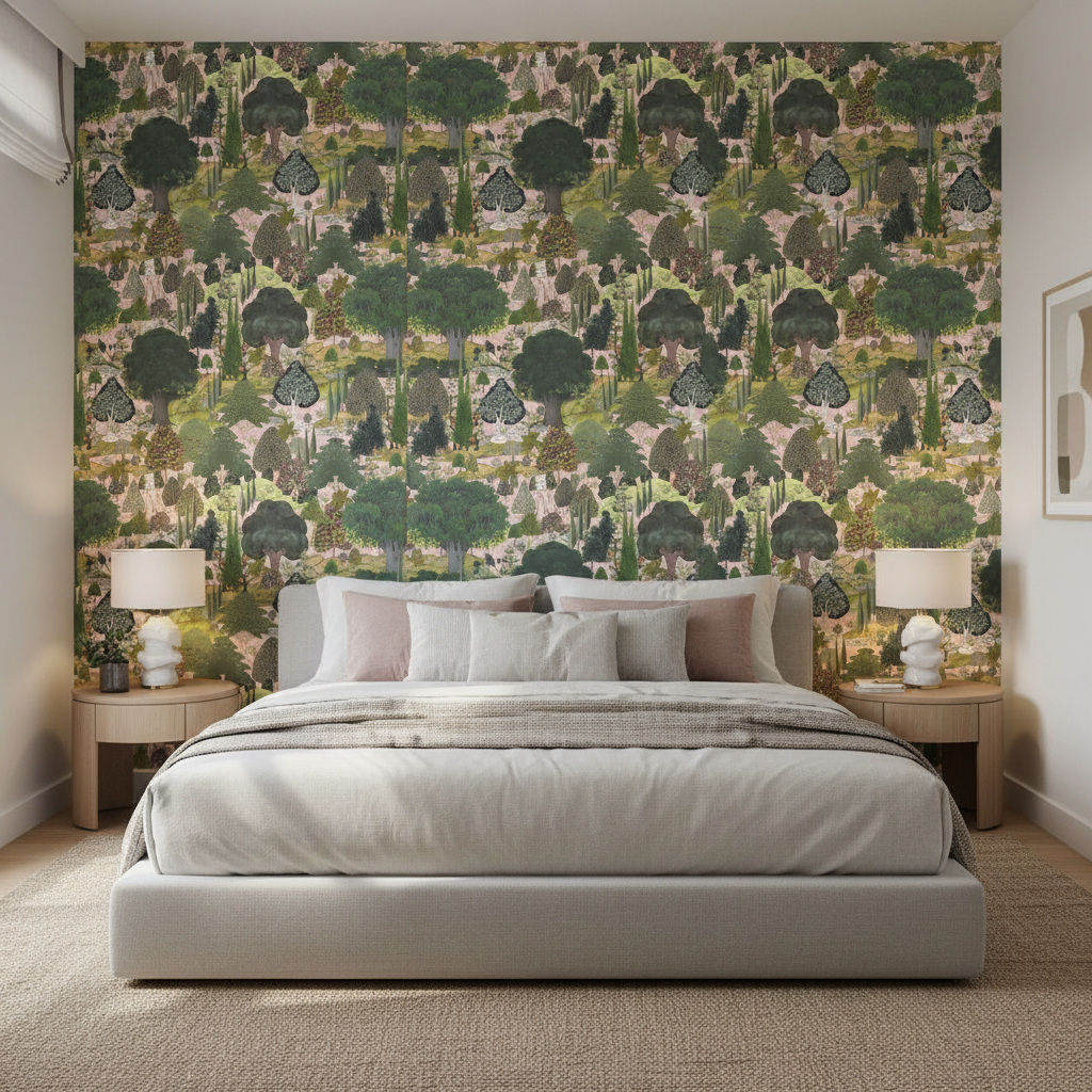 Bedroom with a forest-themed wall mural and two lamps on nightstands.