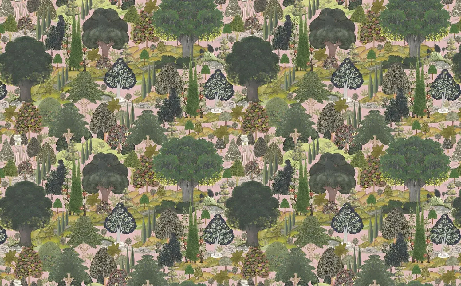 Pattern of stylized trees on a pink background
