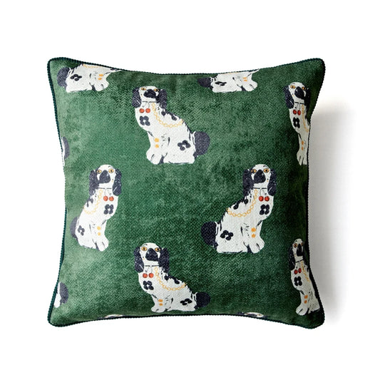 Add a touch of classic charm to your home decor with this decorative throw pillow cover featuring a green and white Staffordshire dog design. Perfect for lovers of traditional motifs, this cover effortlessly enhances any sofa or bed with its timeless appeal.