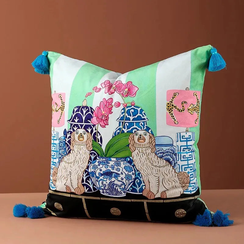 Hand-Drawn Chinoiserie Animal Inspired Pillow Cover with Tassels