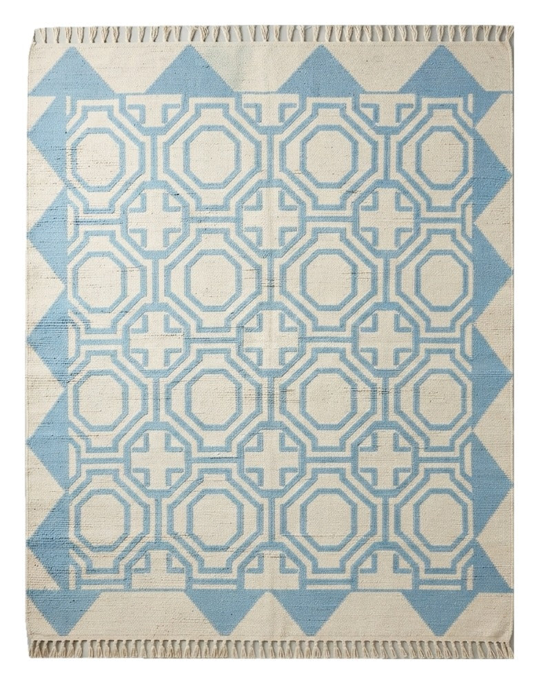 Sky Octagon Lattice Flatweave Rug — light blue, cream, white geometric rug by Maia Homes on a white background