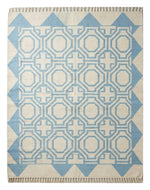 Sky Octagon Lattice Flatweave Rug — light blue, cream, white geometric rug by Maia Homes on a white background