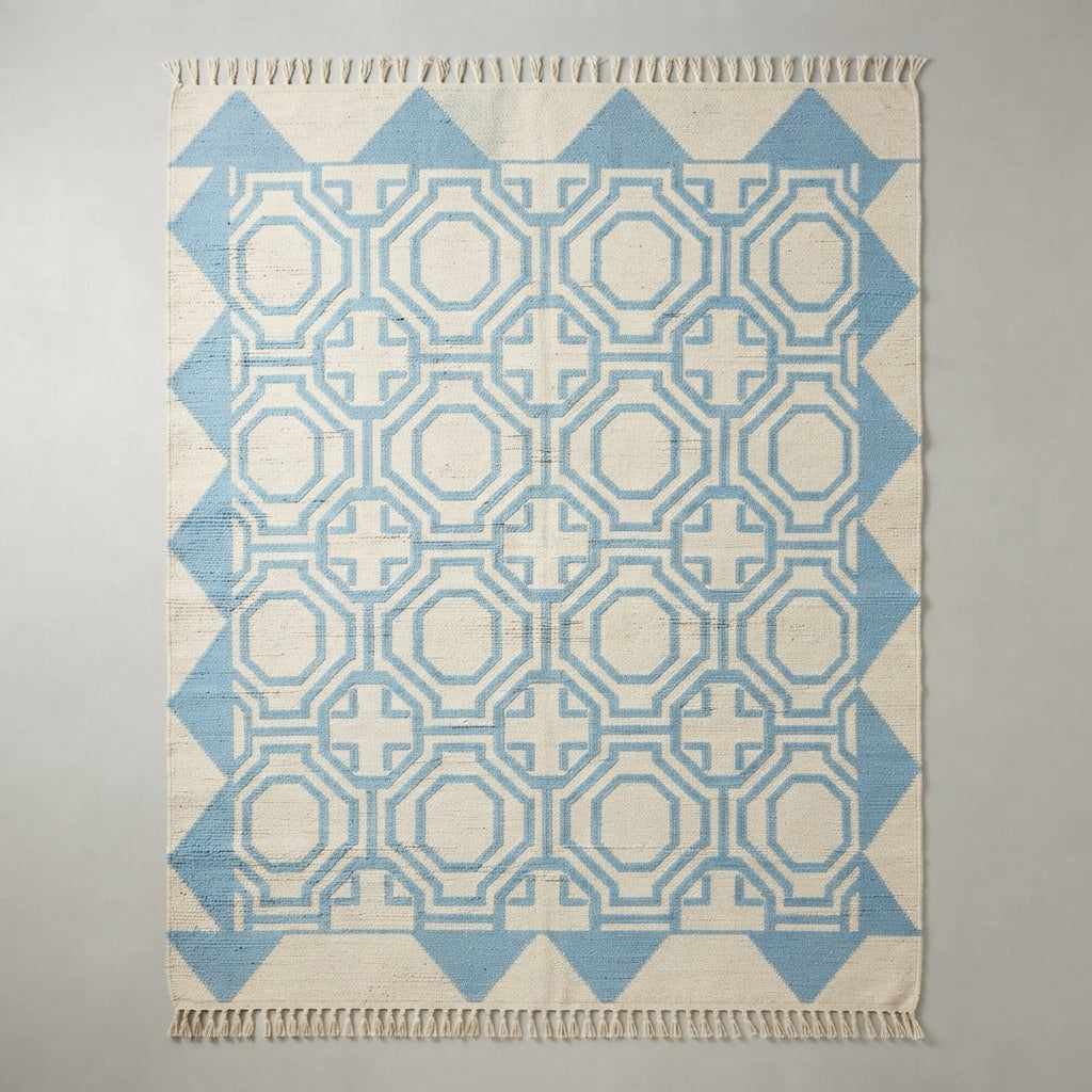 Sky Octagon Lattice Flatweave Rug — light blue, cream, white geometric rug by Maia Homes