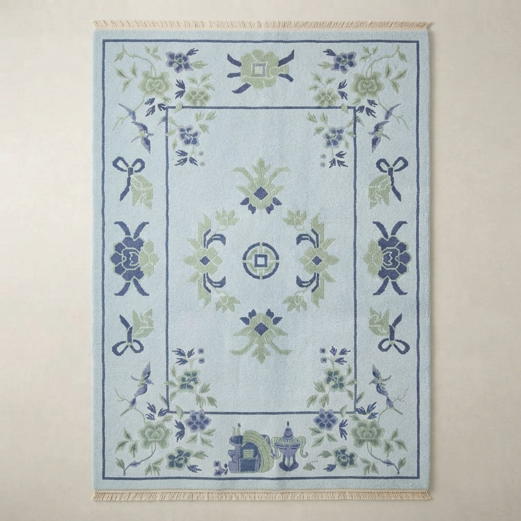 Sky Pavilion Blossom Hand Knotted Rug — light blue, navy, green chinoiserie rug by Maia Homes