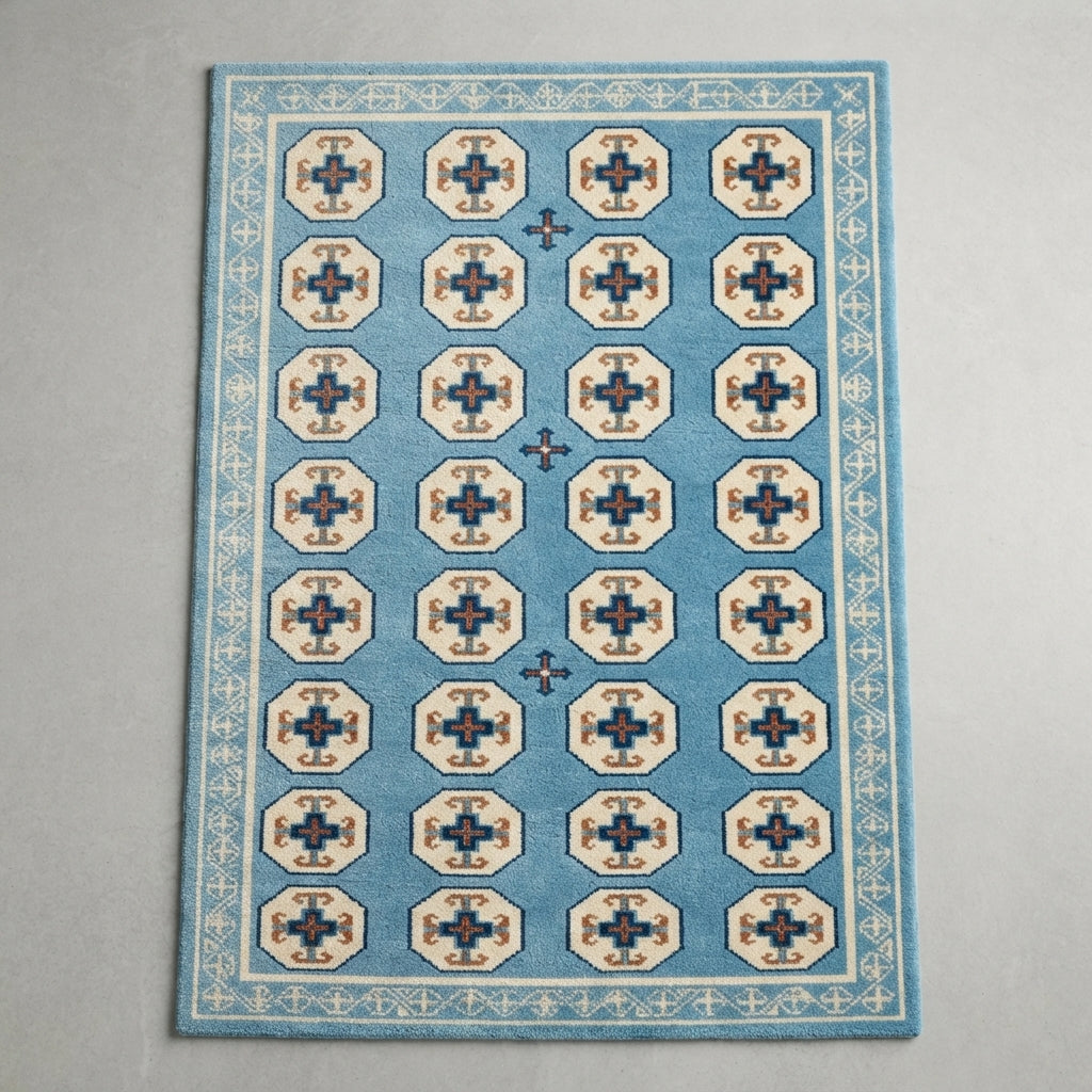 Sky Tile Parade Hand Tufted Wool Rug — light blue, cream, navy geometric rug by Maia Homes