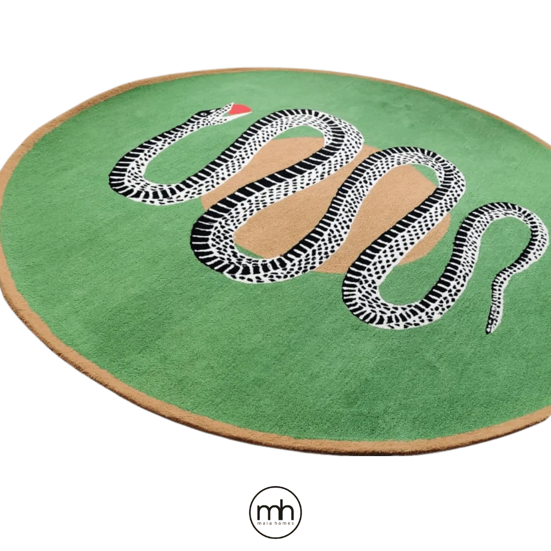 Snake and Apple Green Gold Round Hand Tufted Wool Rug