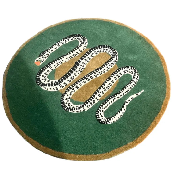 Snake and Apple Green Gold Round Hand Tufted Wool Rug | MAIA HOMES