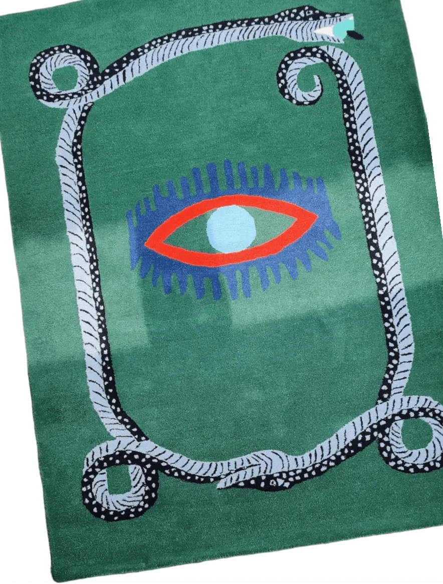 Snake and Red Evil Eyes Green Hand Tufted Wool Rug