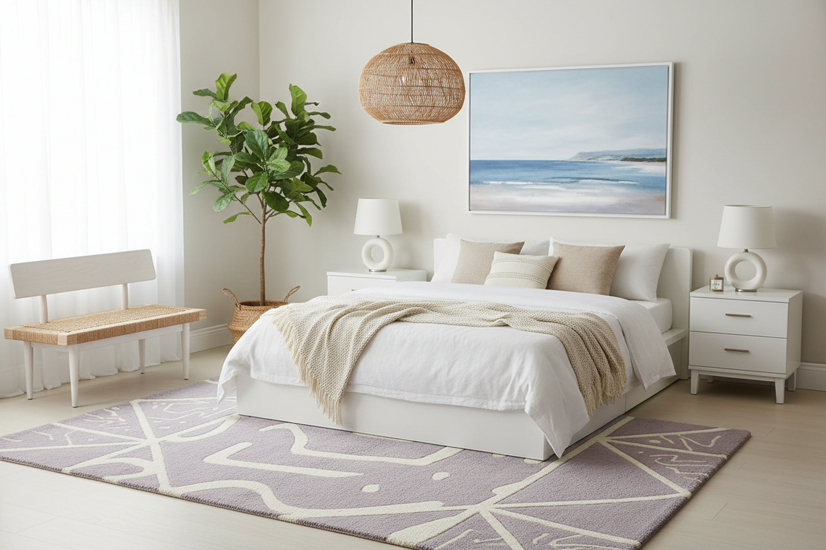 Modern bedroom with a bed, rug, and decorative elements.