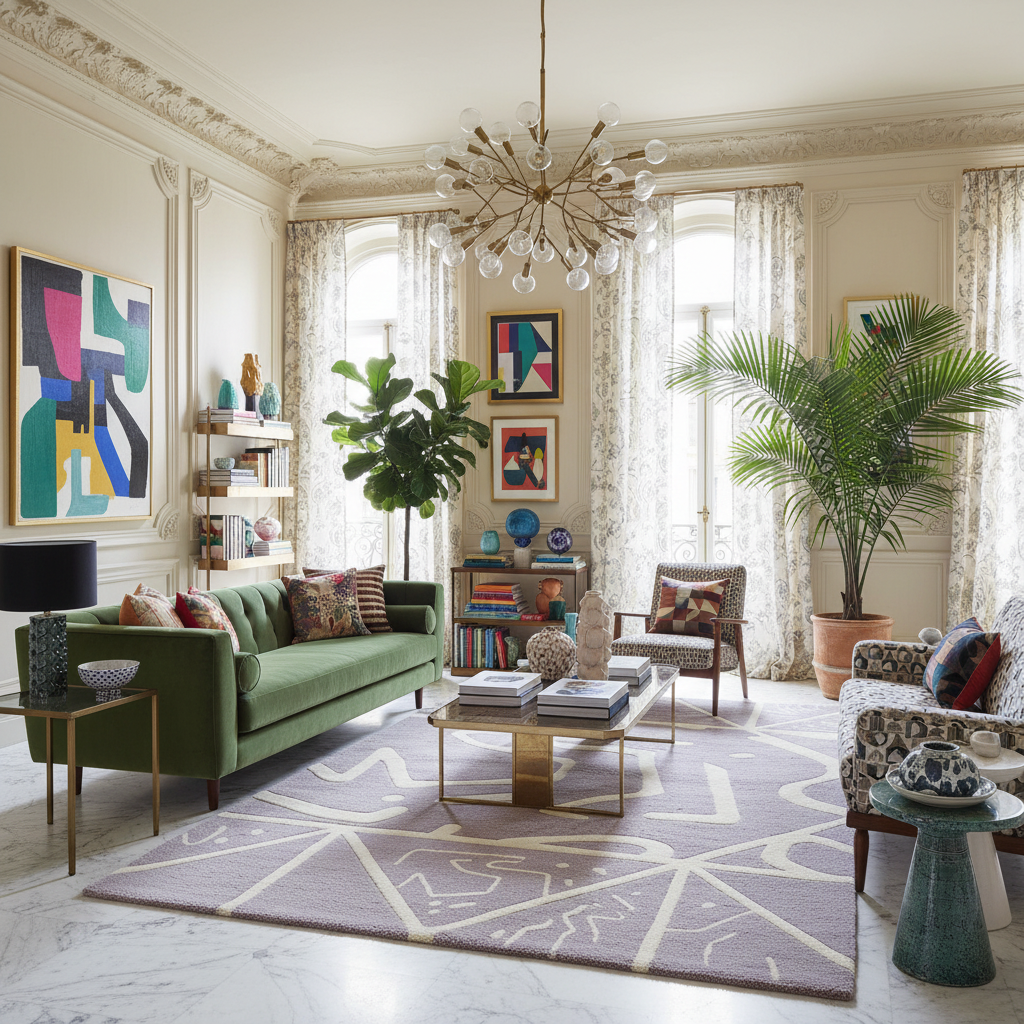 Living room with green sofa, decorative pillows, and a chandelier.