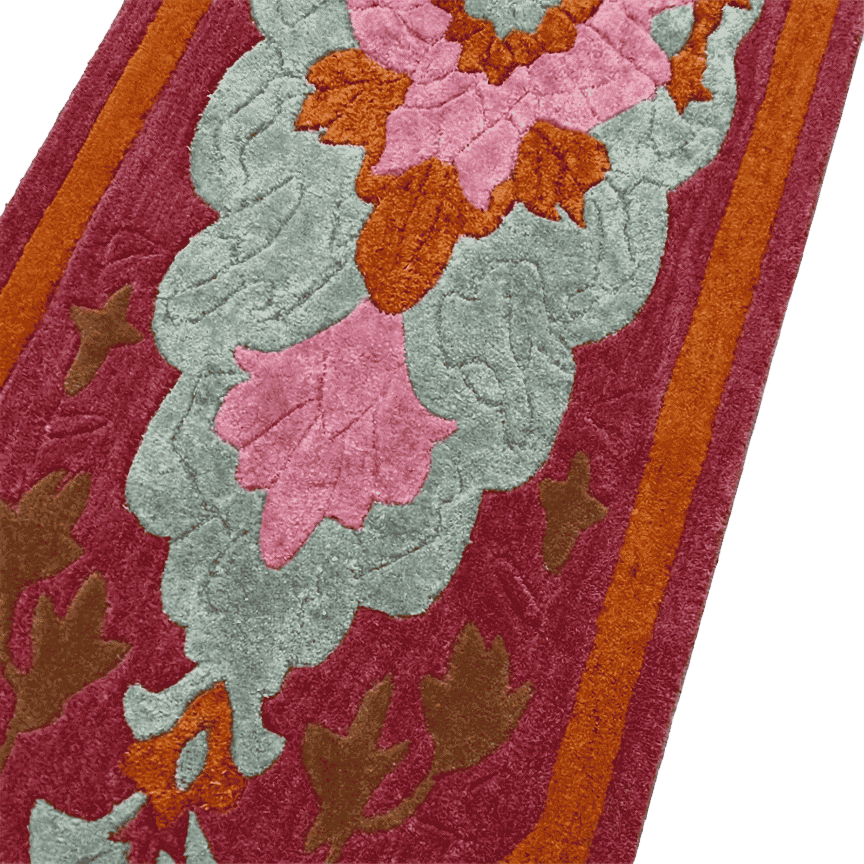 Close-up of a textured fabric with floral patterns in pink, orange, and gray on a red background.