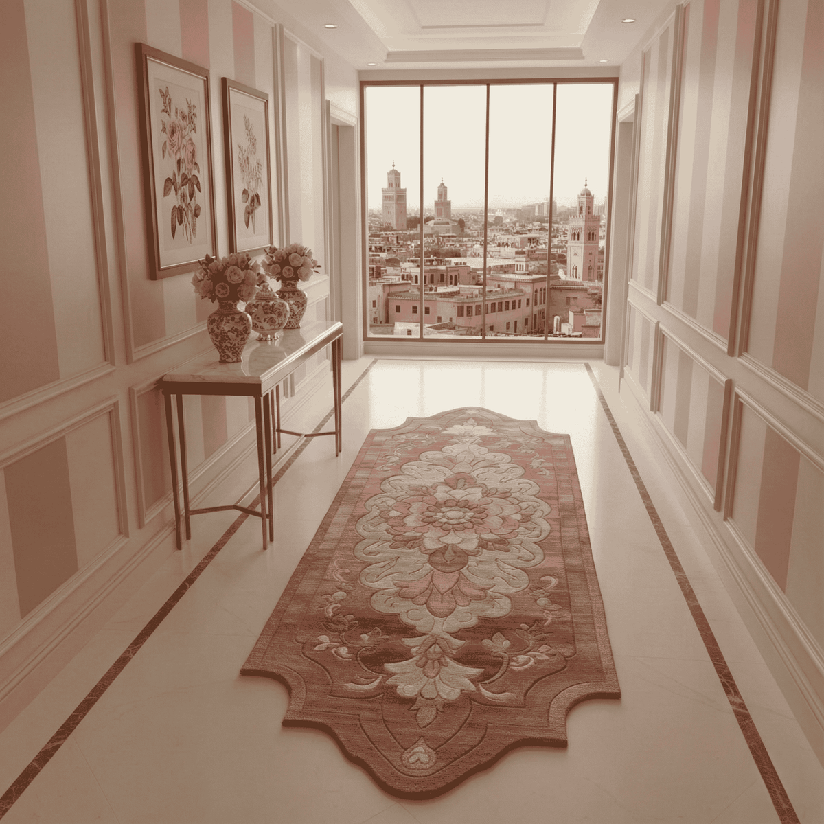Elegant hallway with decorative rug, table, and wall art.