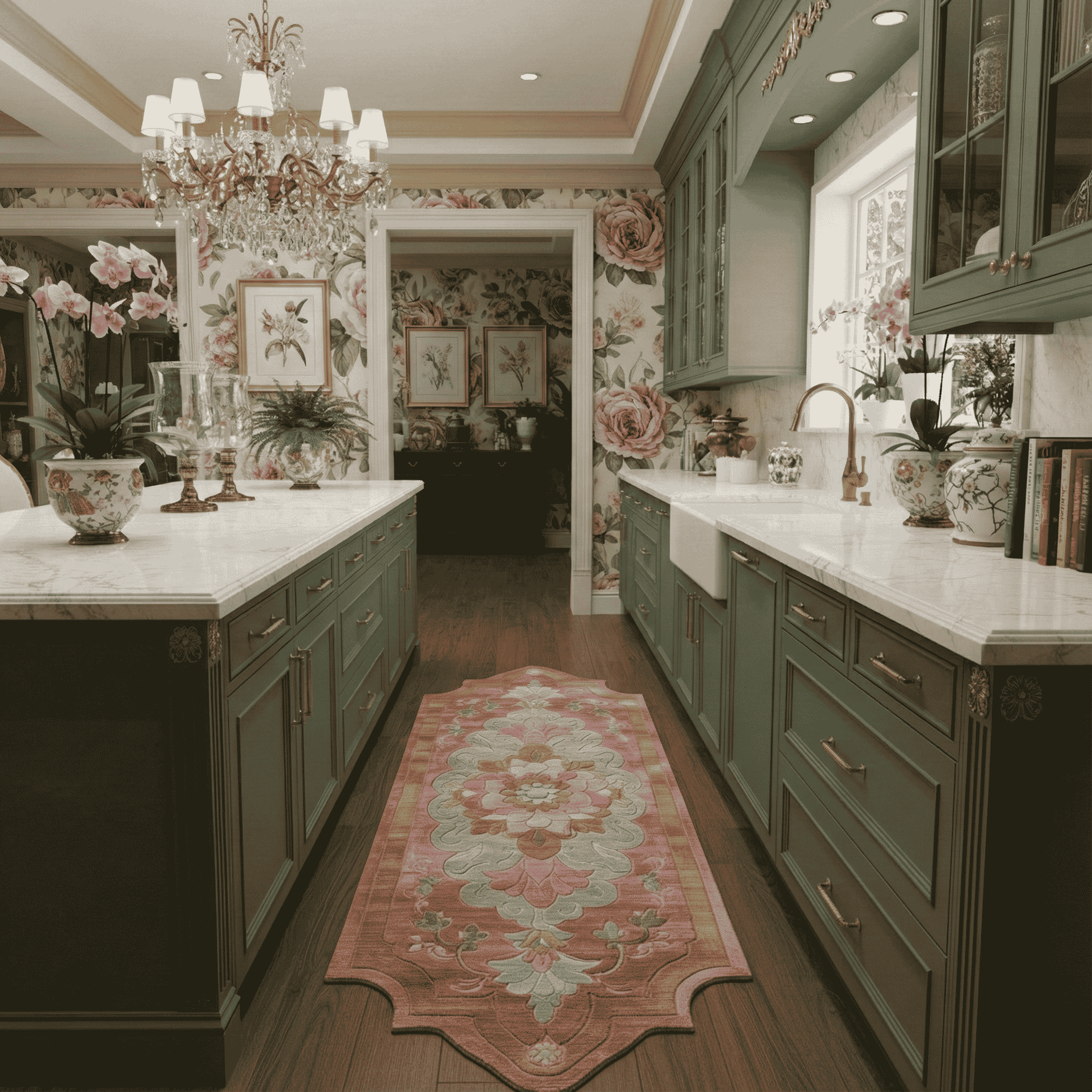 Luxurious kitchen with green cabinetry, marble countertops, and floral decor.