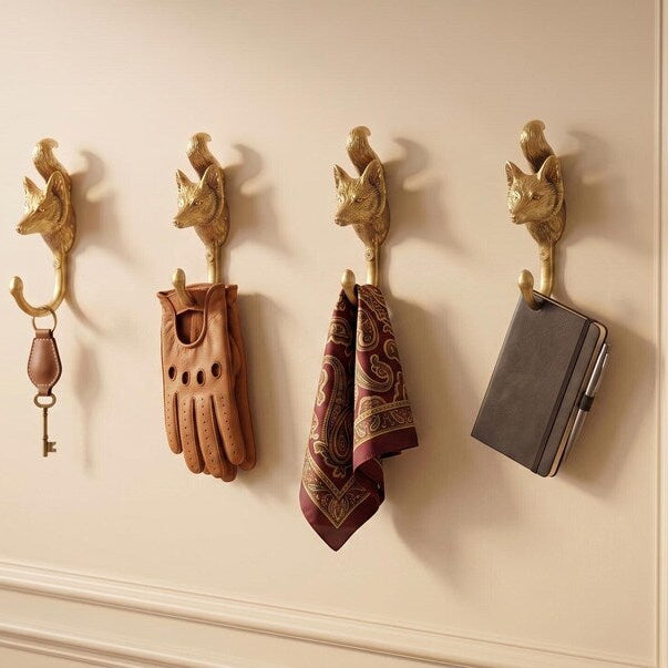 Solid Brass Fox Wall Hooks - Set of 4