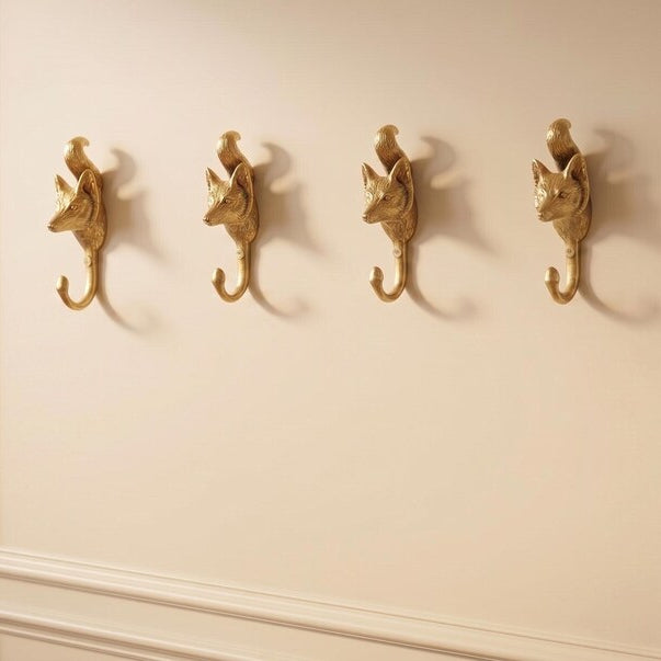 Solid Brass Fox Wall Hooks - Set of 4