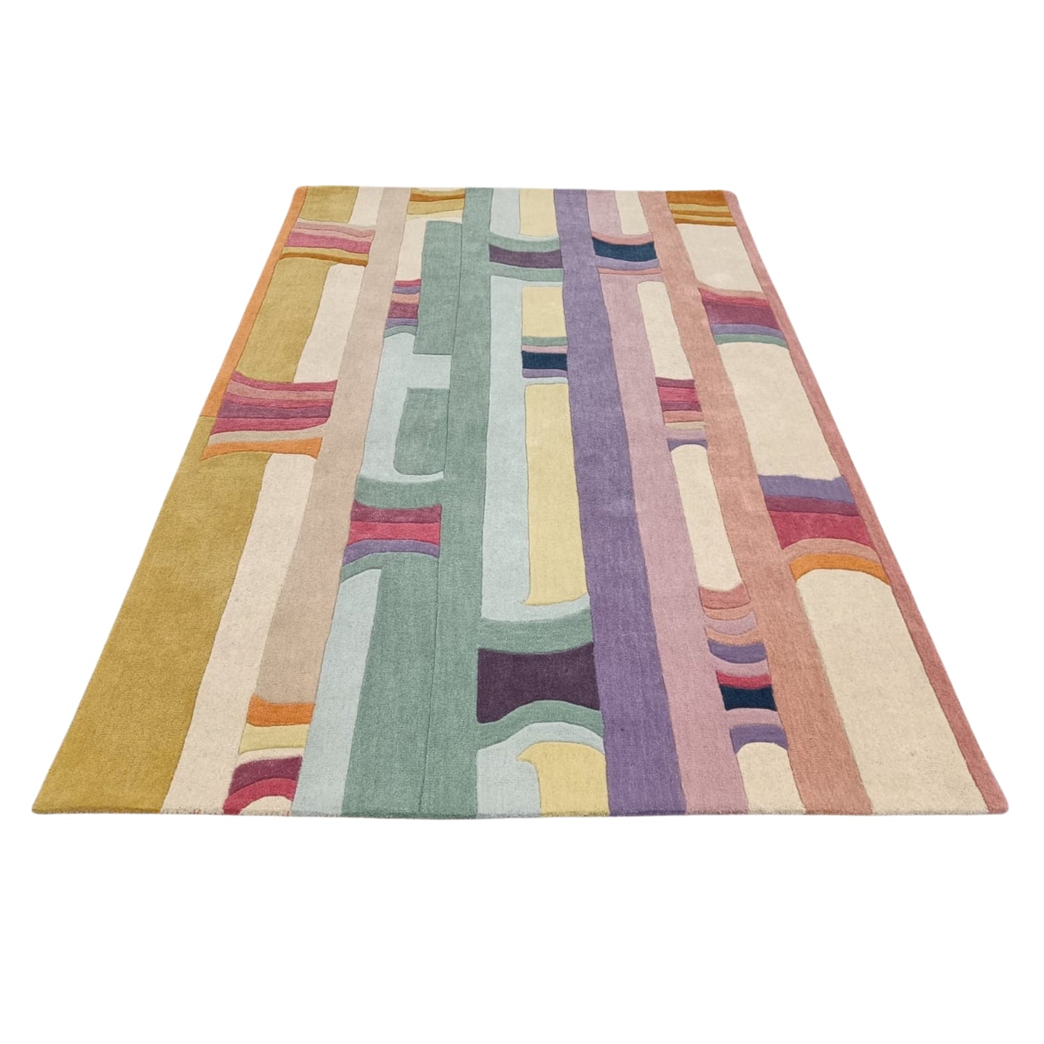 Multicolored geometric patterned rug on a white background