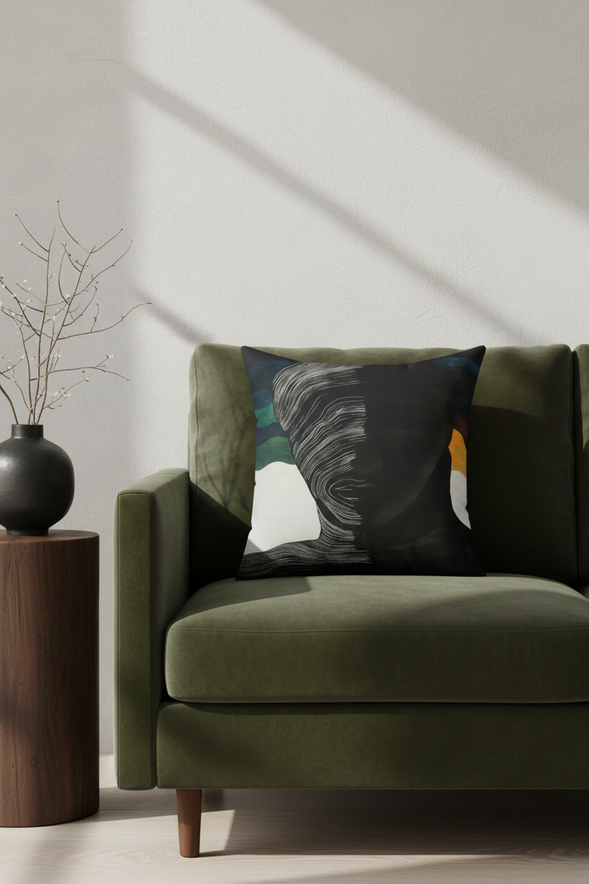 An abstract throw pillow with a black, gray, white, and teal design rests on an olive green velvet armchair in a modern living room setting with a wooden side table and vase.