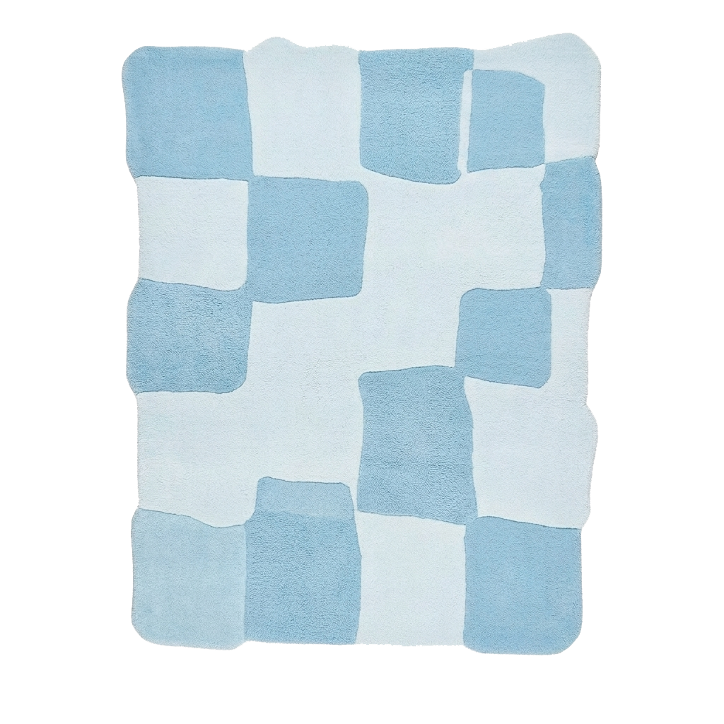 Blue and white checkered rug on a white background