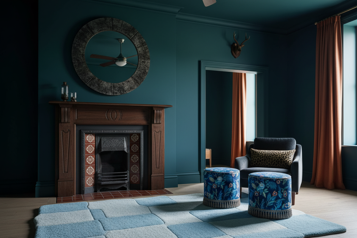 Living room with dark teal walls, blue rug, wooden fireplace, and patterned furniture.