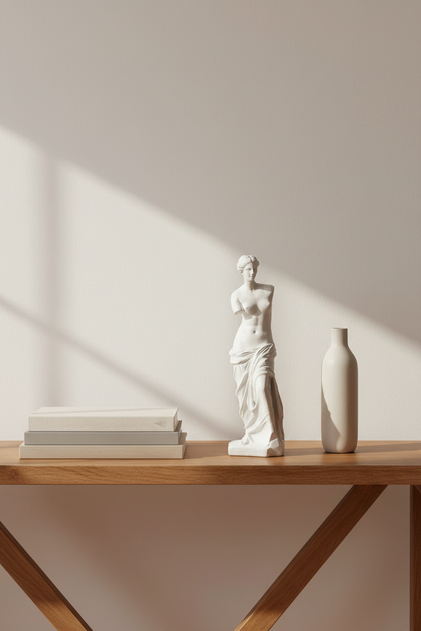 A minimalist interior scene with a white classical-style statue and a tall matte vase on a light wood table, alongside a stack of books, against a warm beige wall with soft diagonal sunlight and shadows.