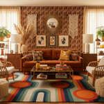 Living room with a brown sofa, colorful rug, and decorative wall art.