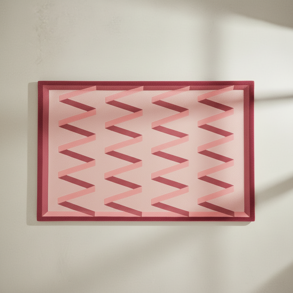 Decorative pink rug art with geometric pattern on a light background