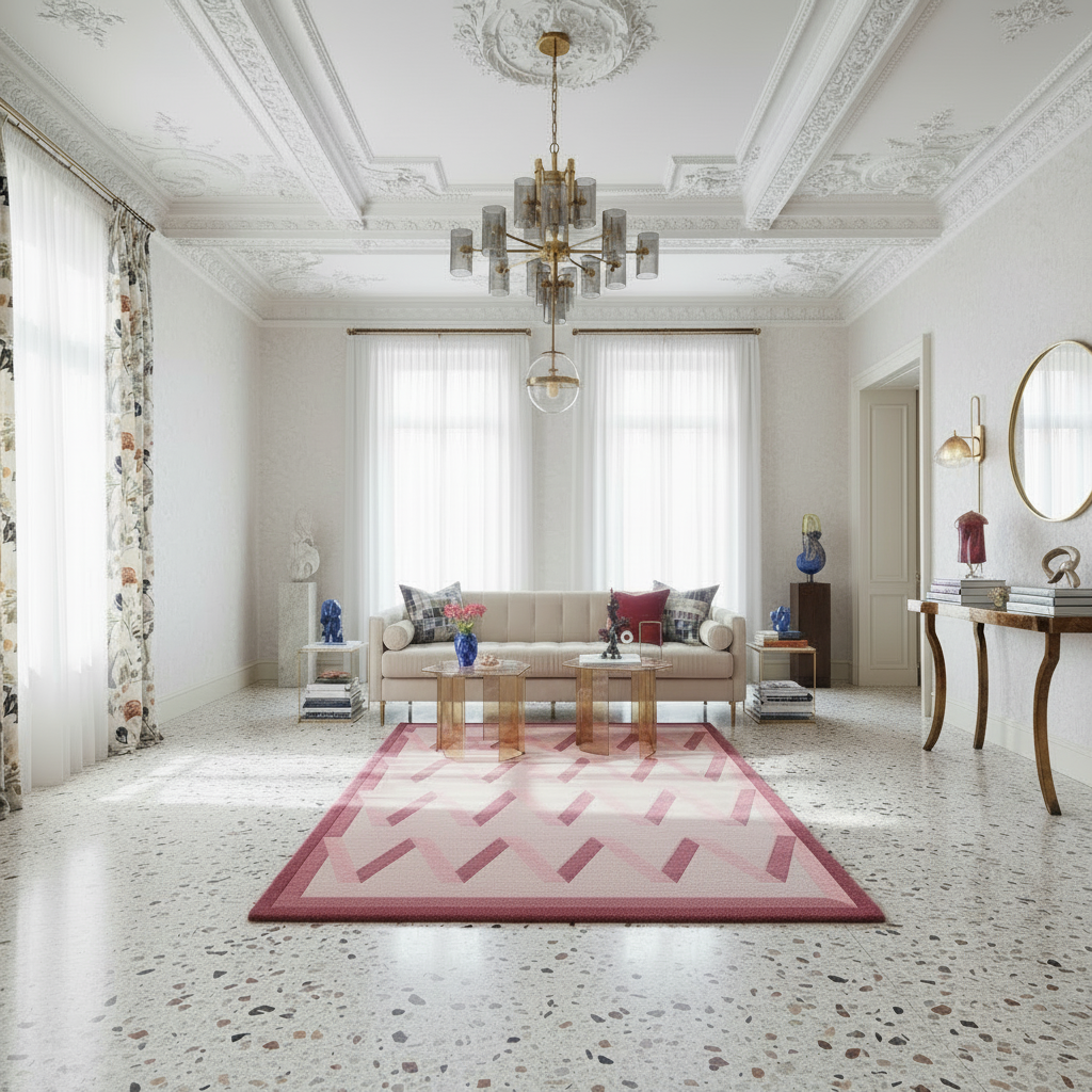 Elegant living room with a String Theory Hand Tufted Wool Rug, white walls, and decorative elements.