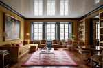 Luxurious living room with hand tufted pink rug, yellow walls, large windows, and elegant furniture.