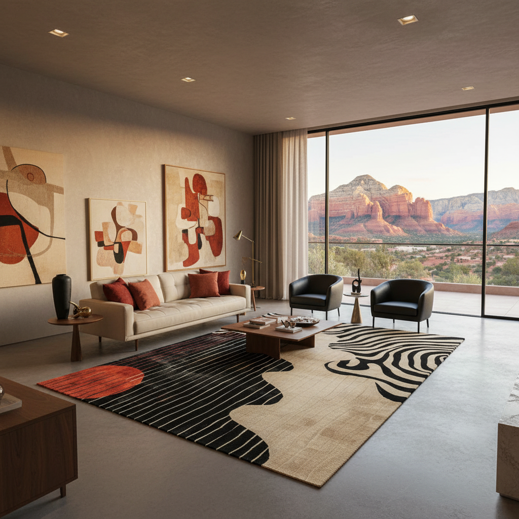 Modern living room with abstract stripped sunset hand tufted wool rug, a sofa, and large windows overlooking scenic mountains.