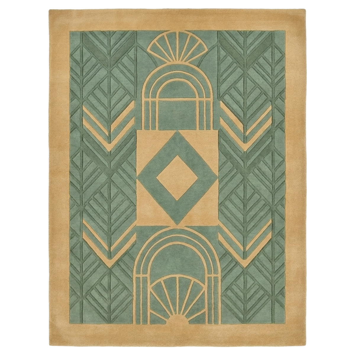 Rug with geometric pattern in green and beige on a white background