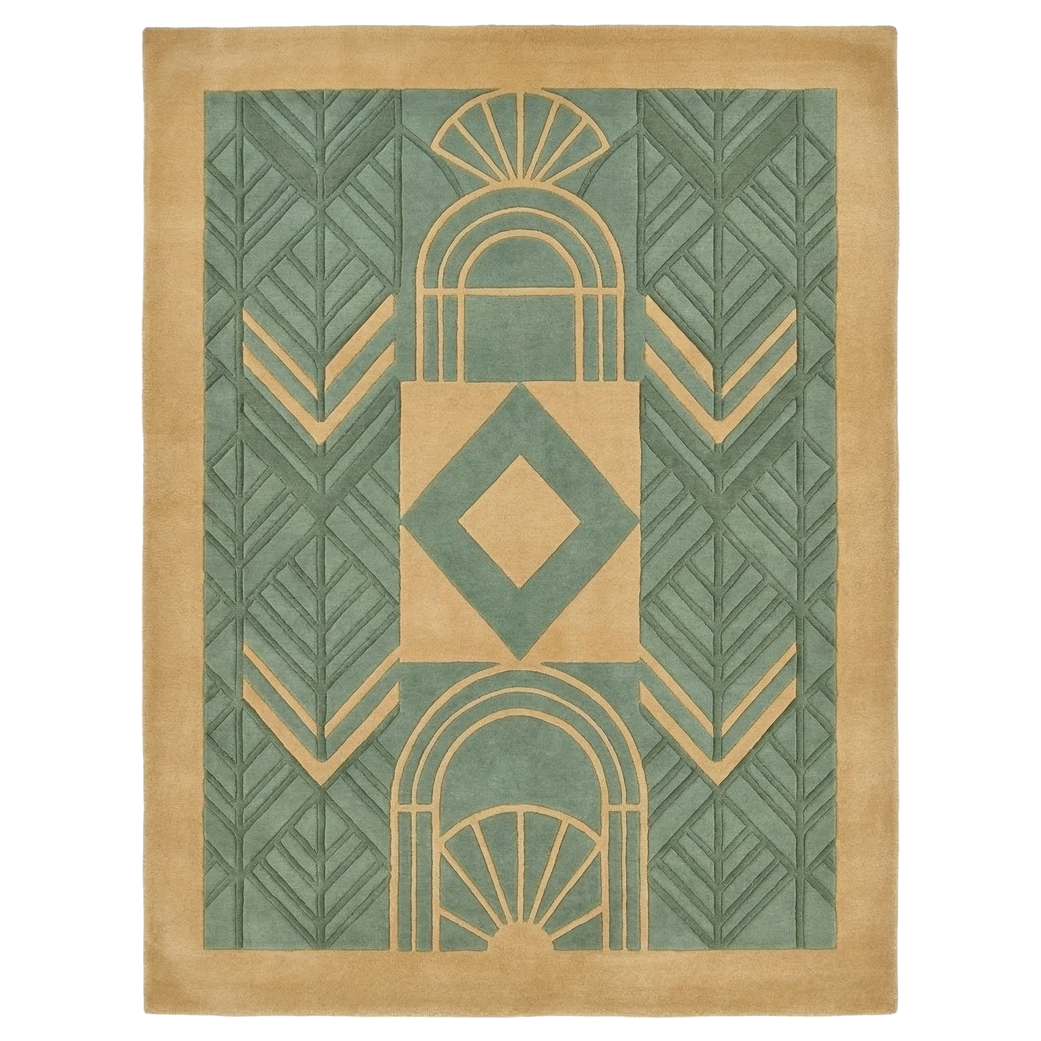 Rug with geometric pattern in green and beige on a white background