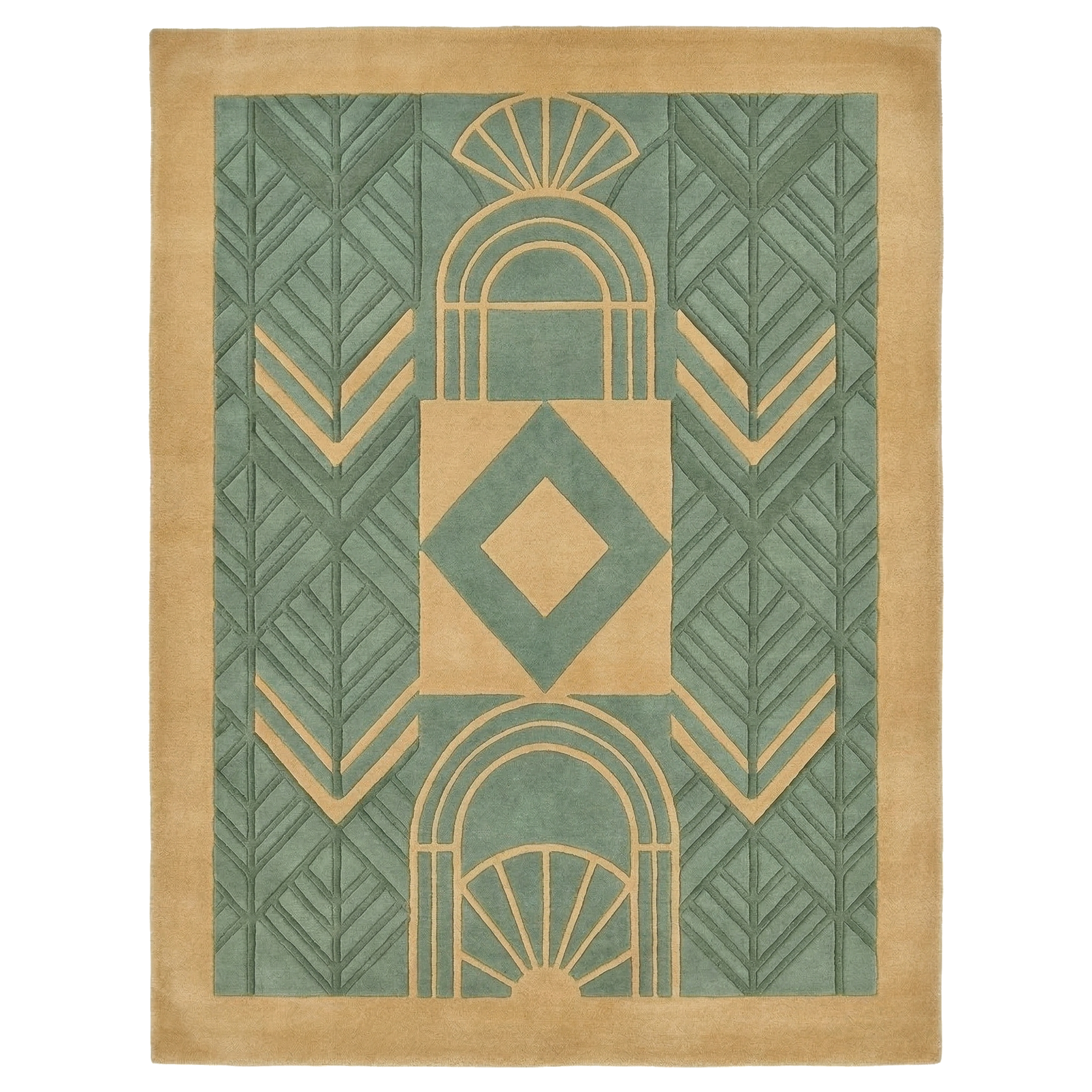 Rug with geometric pattern in green and beige on a white background