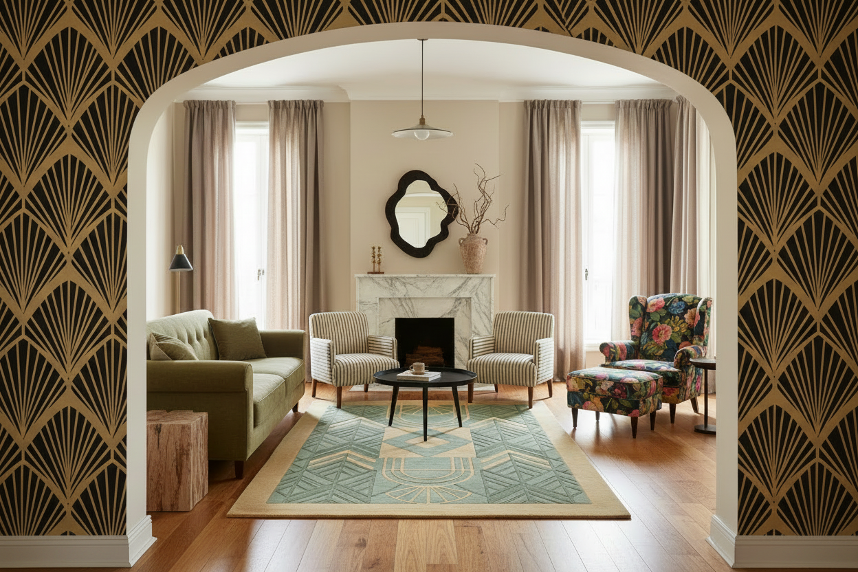 Living room with decorative art deco rug, wall patterns and furniture