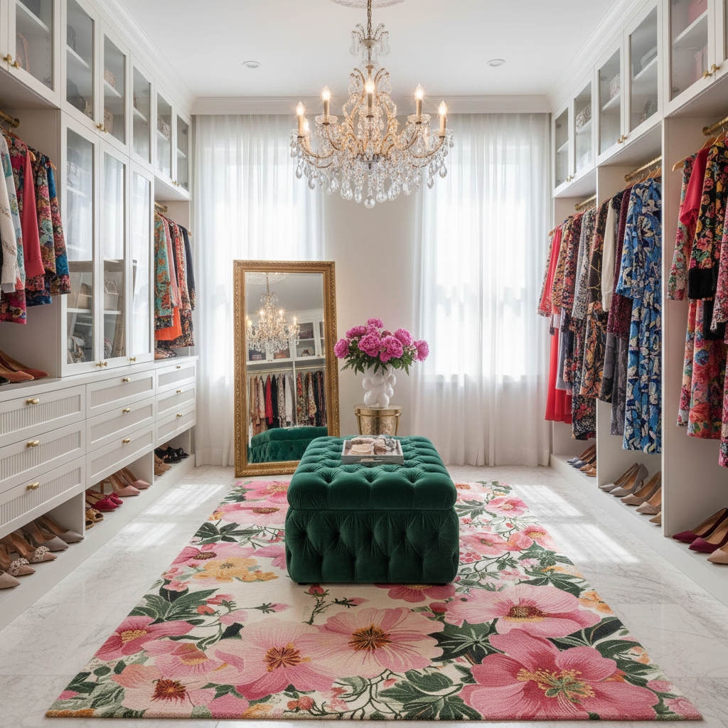 Luxurious walk-in closet with floral rug, green ottoman, and chandelier.