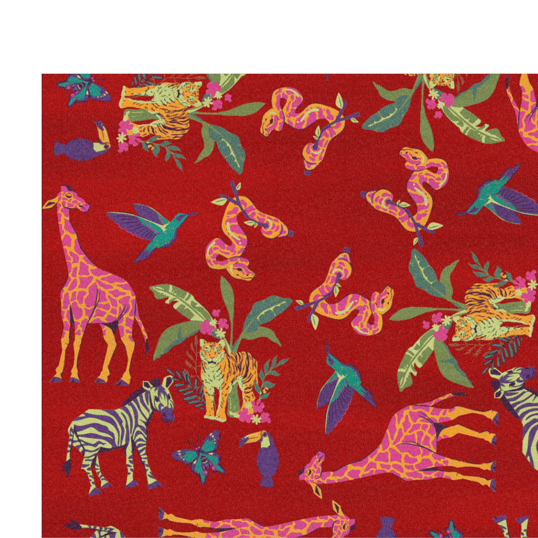 Transform your living space into a vibrant oasis with the Summer Tropical Safari Hand-Tufted Rug in a captivating shade of red. This rug is a celebration of the summer season, featuring a hand-tufted design inspired by tropical safari motifs.