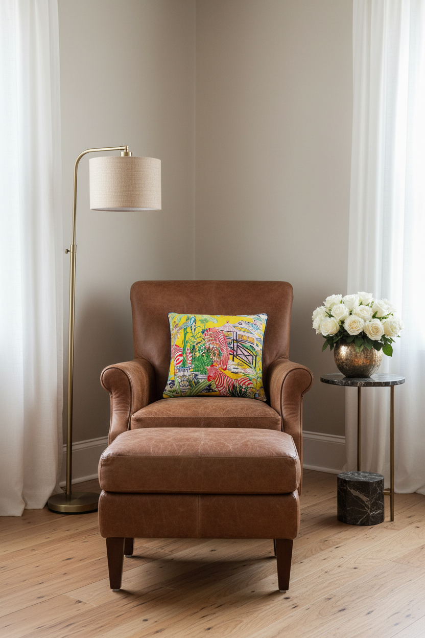 An olive green velvet loveseat sofa with a colorful tropical print accent pillow, styled in a room setting with a side table and vase.