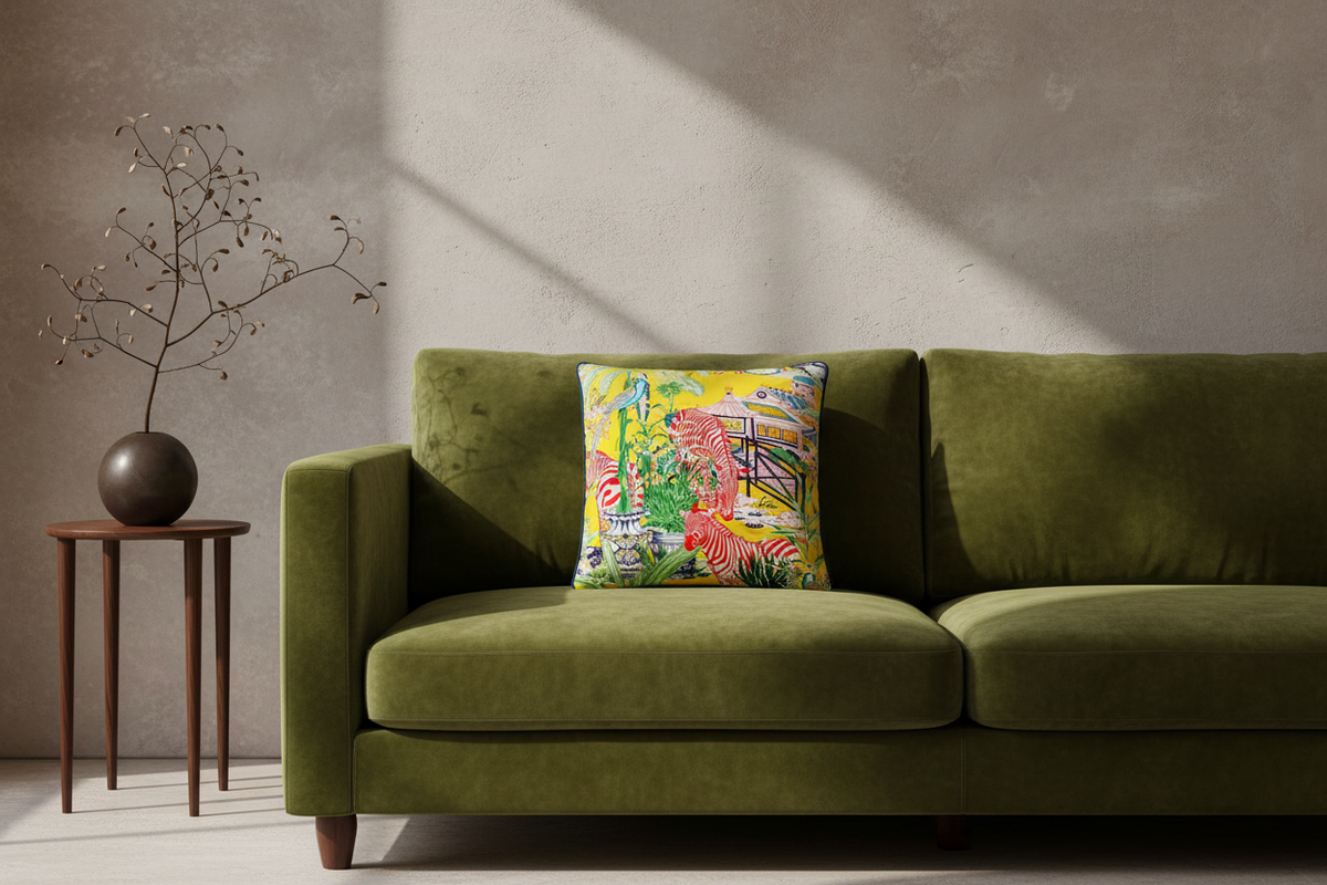 An olive green velvet loveseat sofa with a colorful tropical print accent pillow, styled in a room setting with a side table and vase.