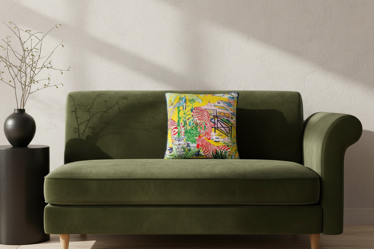 An olive green velvet loveseat sofa with a colorful tropical print accent pillow, styled in a room setting with a side table and vase.