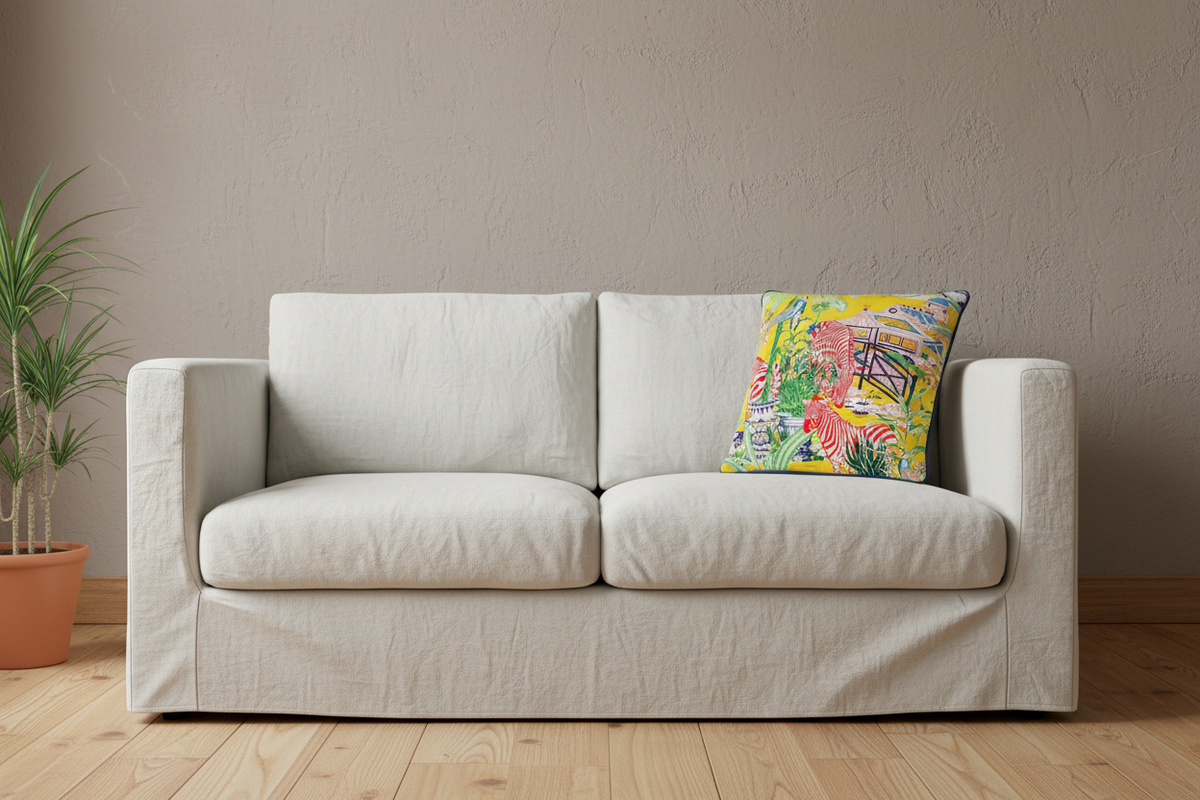 An olive green velvet loveseat sofa with a colorful tropical print accent pillow, styled in a room setting with a side table and vase.