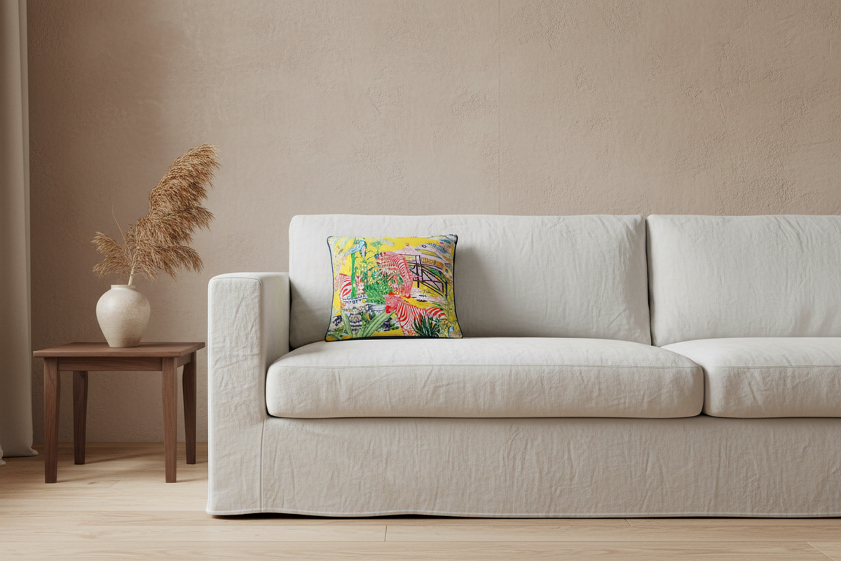 An olive green velvet loveseat sofa with a colorful tropical print accent pillow, styled in a room setting with a side table and vase.