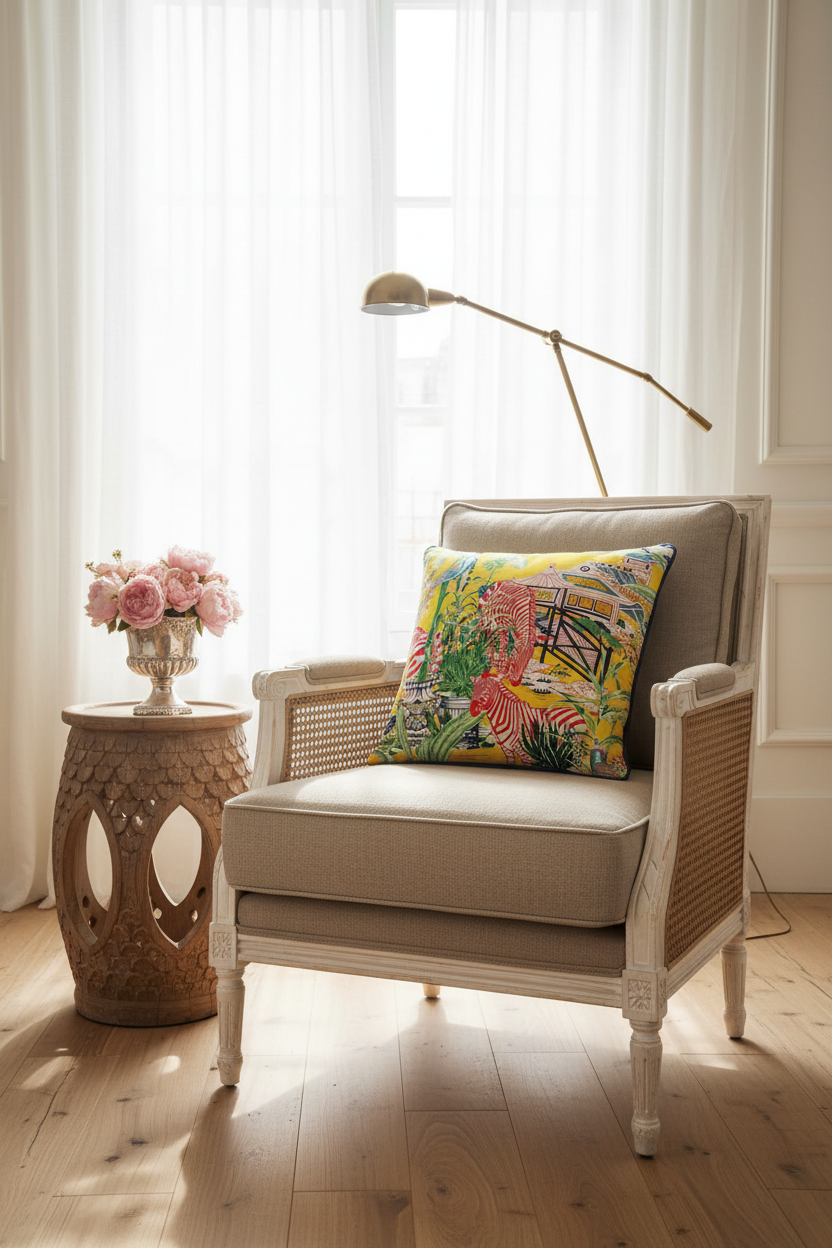 An olive green velvet loveseat sofa with a colorful tropical print accent pillow, styled in a room setting with a side table and vase.