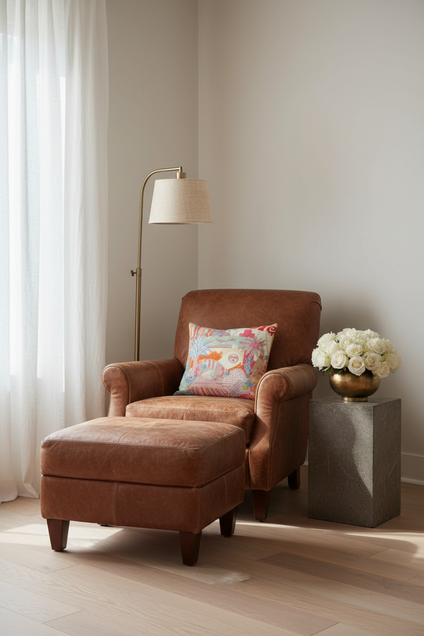 A brown leather armchair with a matching ottoman in a bright, modern room. A colorful patterned throw pillow rests on the chair, next to a gold floor lamp and a gray side table holding a vase of white roses.