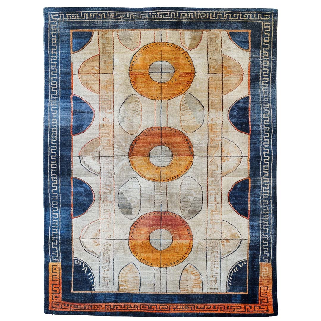 The central motif, with warm golden hues and earthy tones, creates a focal point reminiscent of solar eclipses and celestial bodies, while the outer edges are framed in deep blues and rich oranges, offering a striking contrast.