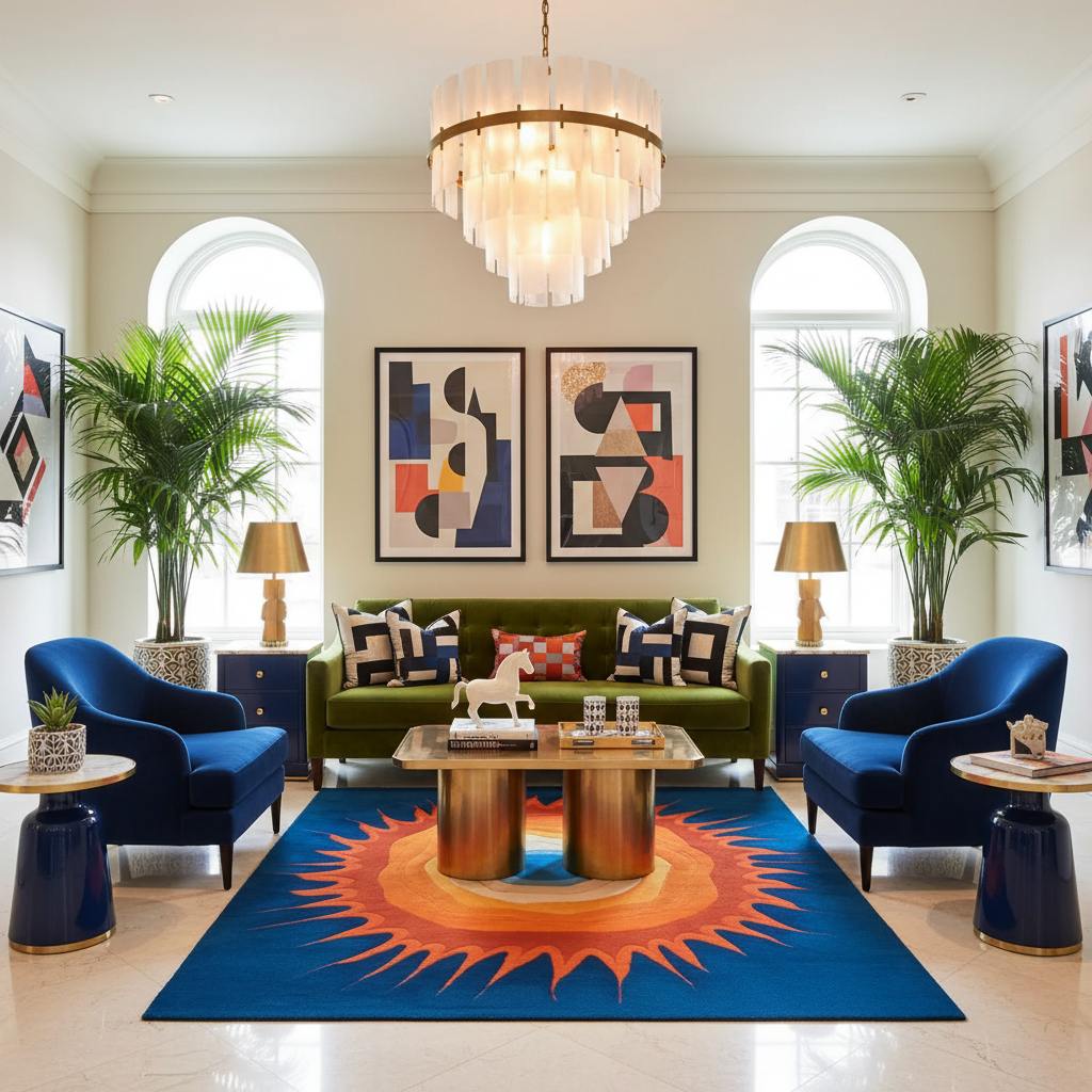 Modern living room with a colorful rug, blue chairs, and a green sofa.