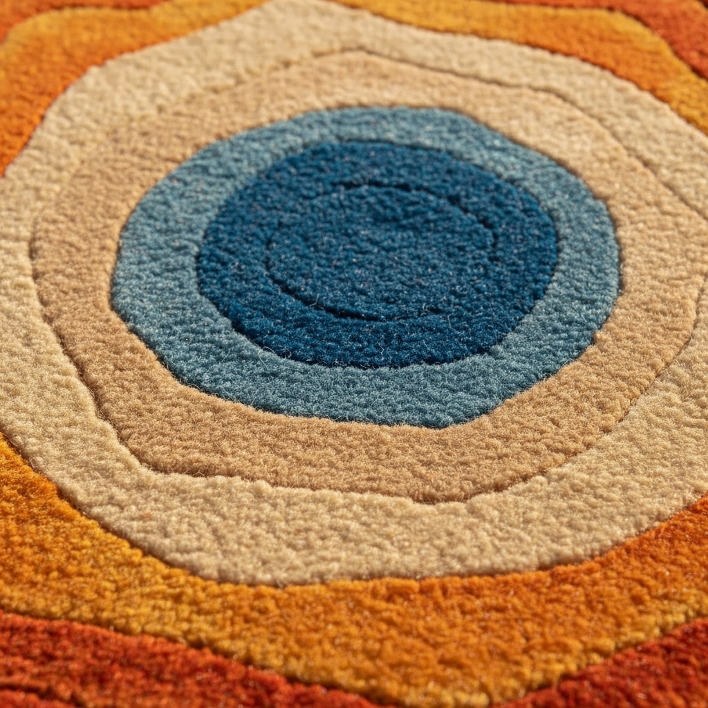 Close-up of a circular rug with concentric color rings.